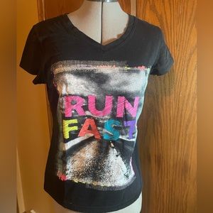 TEK - cap sleeve Large black t- shirt with “Run Fast” logo.